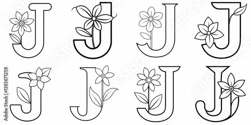 Alphabet J with Flower Outline Coloring Book Page Line Art Drawing Set White Background