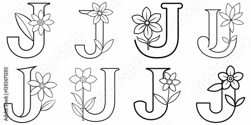 Alphabet J with Flower Outline Coloring Book Page Line Art Drawing Set White Background