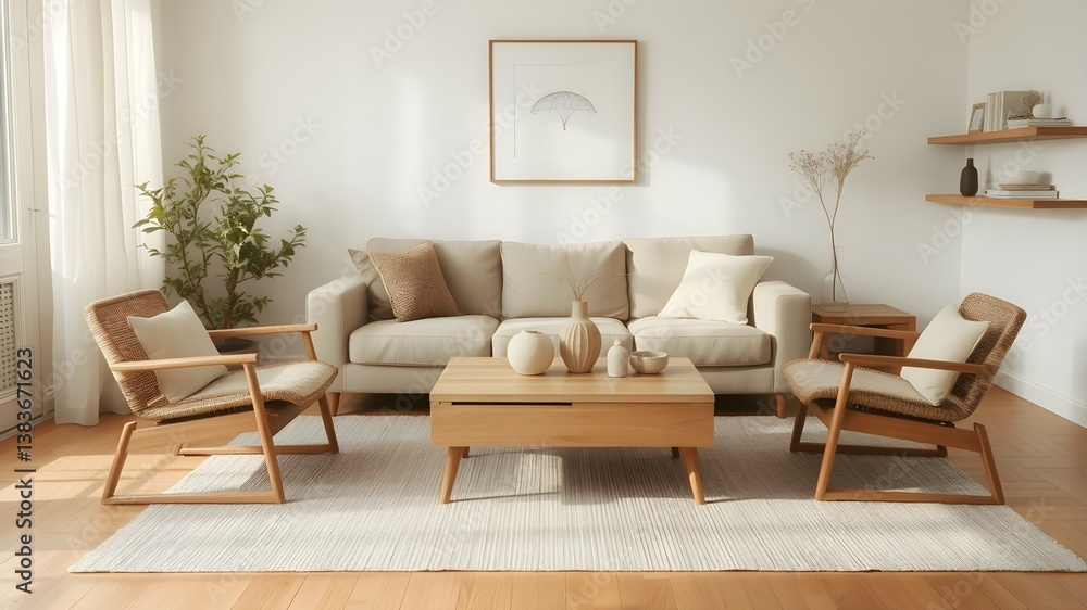 Fototapeta premium Japandi modern style living room with natural wood, woven textures, and minimalist decor in soft neutrals, creating a bright and serene atmosphere