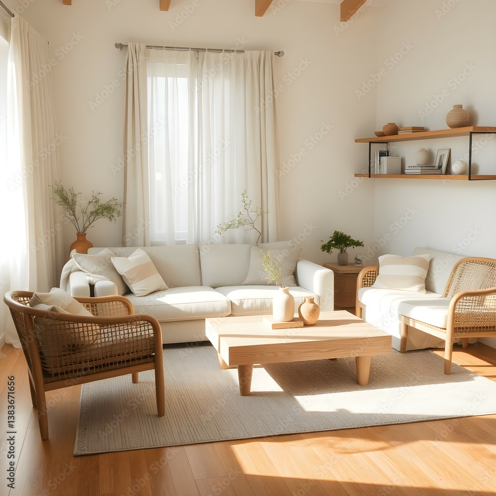 Fototapeta premium Japandi modern style living room with natural wood, woven textures, and minimalist decor in soft neutrals, creating a bright and serene atmosphere