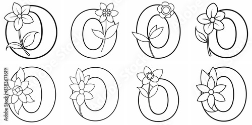 Alphabet O with Flower Outline Coloring Book Page Line Art Drawing Set White Background

