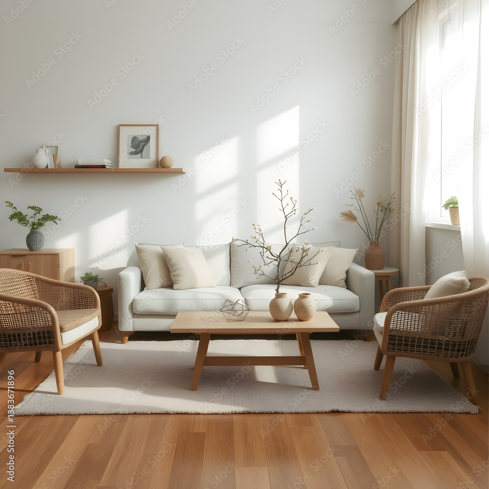 Japandi modern style living room with natural wood, woven textures, and minimalist decor in soft neutrals, creating a bright and serene atmosphere Japandi modern style living room with natural wood, woven textures, and minimalist decor in soft neutrals, creating a bright and serene atmosphere