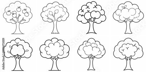 Apple Tree Outline Coloring Book Page Line Art Drawing Set White Background