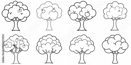 Apple Tree Outline Coloring Book Page Line Art Drawing Set White Background