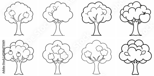Apple Tree Outline Coloring Book Page Line Art Drawing Set White Background