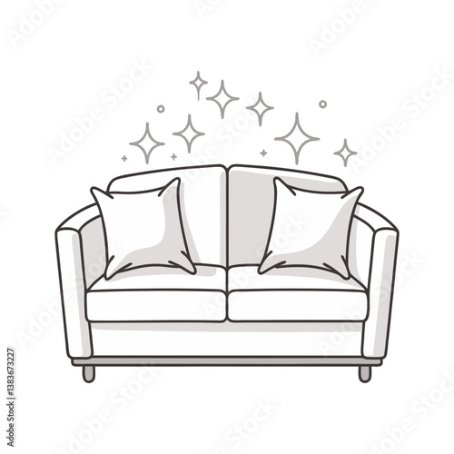 Modern loveseat vector with cushions and sparkling accents, clean black outline in a minimalist and cozy interior style.