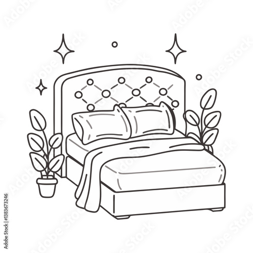Cozy bed vector with tufted headboard, pillows, blanket, and decorative plants, clean black outline in a stylish modern style.