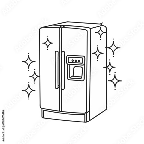 Modern double-door refrigerator vector with ice dispenser, clean outline style and sparkling details on white background.