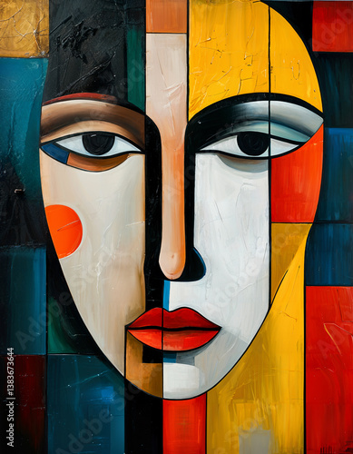 The face of a stranger. Modern abstraction with cubist elements. Oil painting on canvas. There are age-related cracks and traces of solvent on the coating.