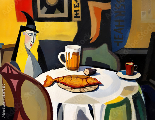 Still life with fish. Modern abstraction with cubist elements. Oil painting on canvas. There are age-related cracks and traces of solvent on the coating.