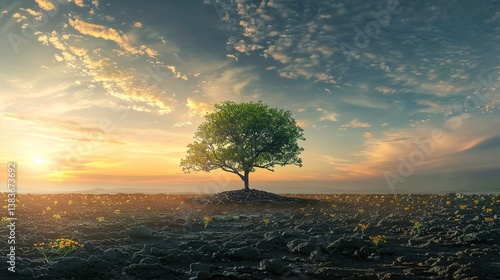 Panoramic View of a Small Tree Growing with the Sunrise: Symbolizing a Green World and Celebrating Earth Day