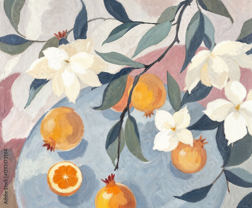 Still life with fruits. Modern abstraction with cubist elements. Oil painting on canvas. There are age-related cracks and traces of solvent on the coating.