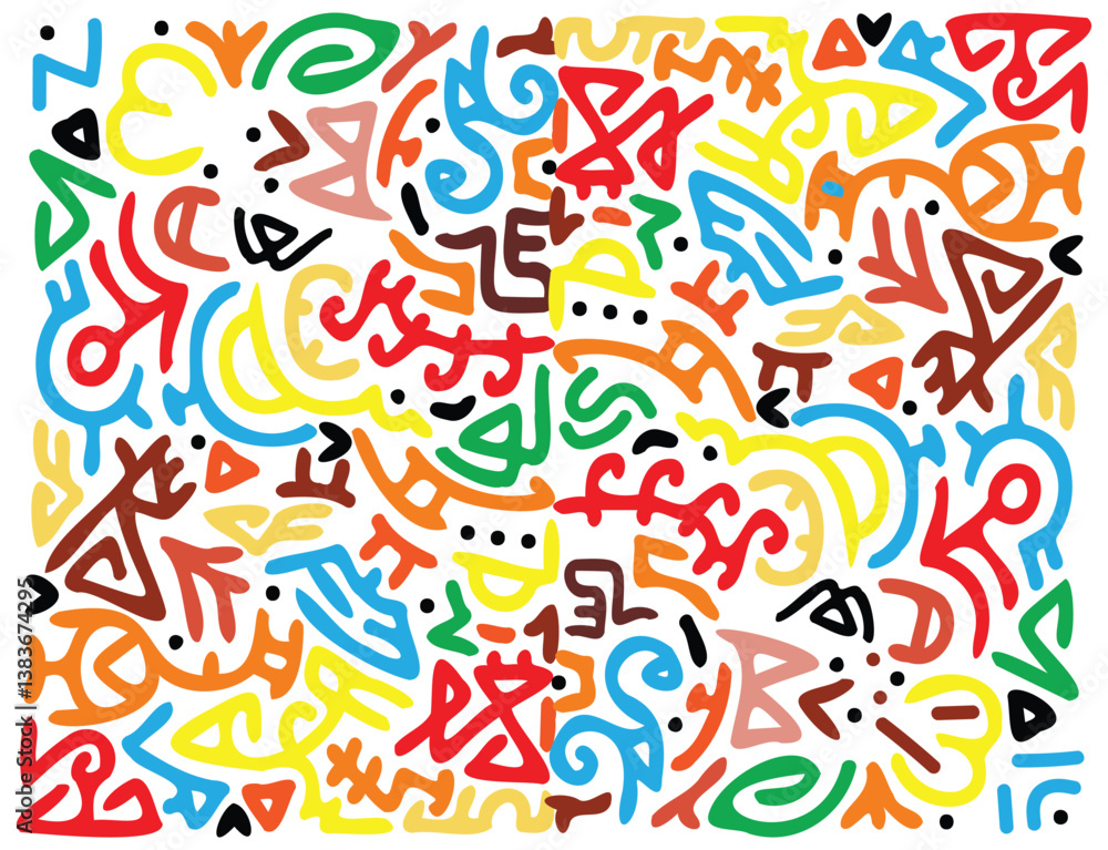 Obraz premium A vibrant abstract pattern featuring colorful, swirling shapes and lines in red, blue, yellow, and green against a white background, it could be used as a wallpaper, fabric design, pillow cover