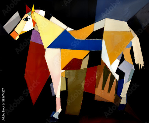 Horse. Modern abstraction with cubist elements. Oil painting on canvas. There are age-related cracks and traces of solvent on the coating.