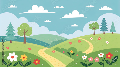Cartoon landscape with winding path, flowers, and trees.