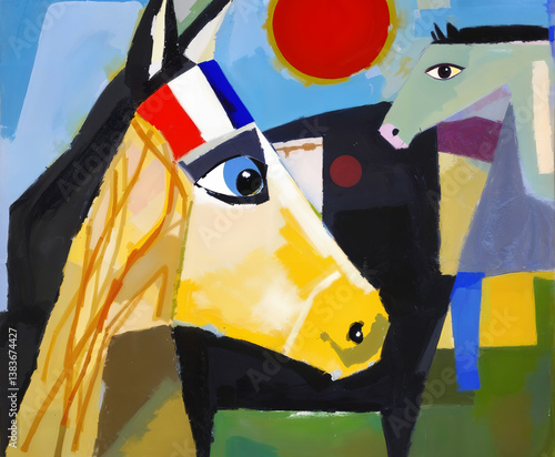 Horse. Modern abstraction with cubist elements. Oil painting on canvas. There are age-related cracks and traces of solvent on the coating.