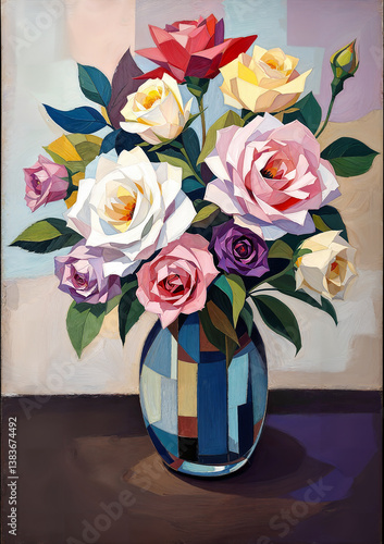 Still life with a bouquet. Modern abstraction with cubist elements. Oil painting on canvas. There are age-related cracks and traces of solvent on the coating.