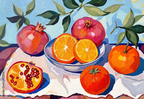 Still life with fruits. Modern abstraction with cubist elements. Oil painting on canvas. There are age-related cracks and traces of solvent on the coating.