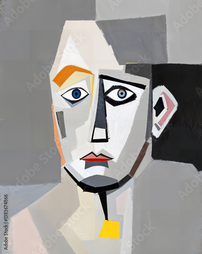 The face of a stranger. Modern abstraction with cubist elements. Oil painting on canvas. There are age-related cracks and traces of solvent on the coating.