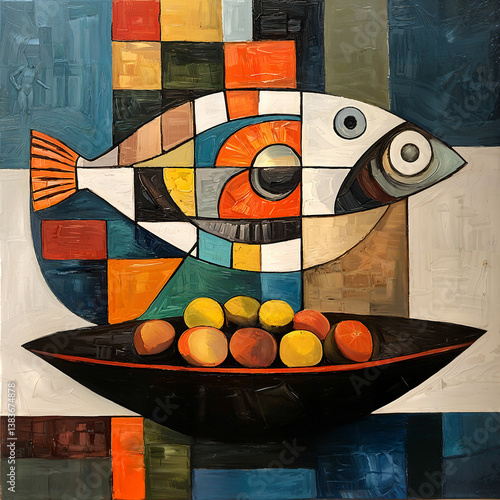 Still life with fish. Modern abstraction with cubist elements. Oil painting on canvas. There are age-related cracks and traces of solvent on the coating.