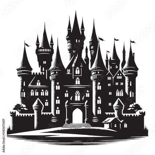 Gothic Medieval Castle silhouette, with pointed spires and towering battlements – Castle illustration – Castle vector – Gothic castle silhouette


