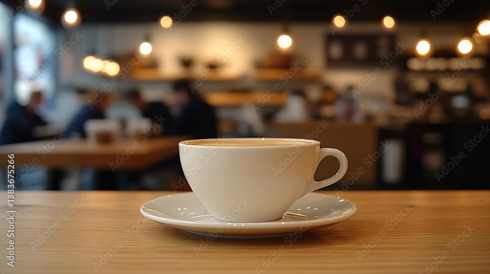Café Scene with Close-up Coffee Cup on Wooden Table in Modern Atmosphere Café Scene with Close-up Coffee Cup on Wooden Table in Modern Atmosphere