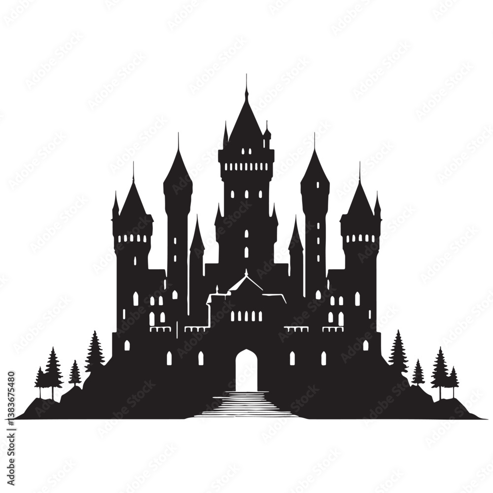 Obraz premium Regal Medieval Castle silhouette, symbolizing nobility and grandeur of royal lineage – Castle illustration – Castle vector – Regal fortress silhouette