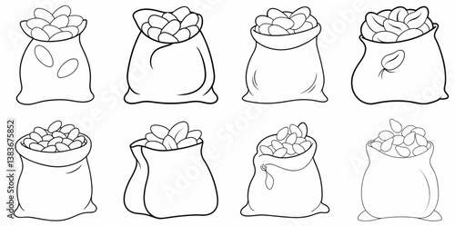 Beans in a Bag Outline Coloring Book Page Line Art Drawing Set White Background