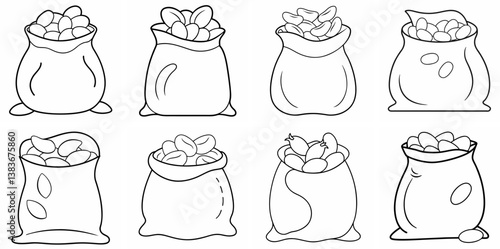 Beans in a Bag Outline Coloring Book Page Line Art Drawing Set White Background