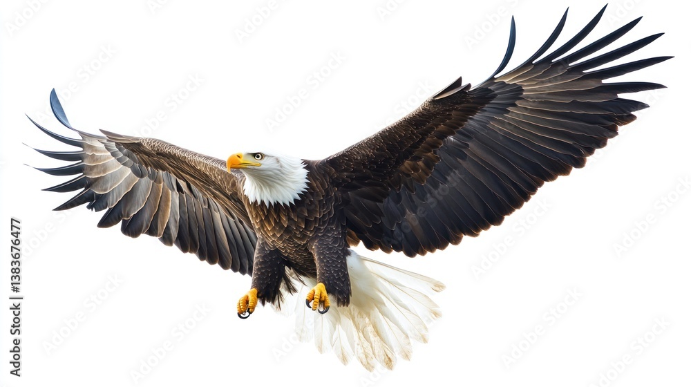 Obraz premium Bald Eagle Soaring Majestically with Wings Spread Wide Against White Background