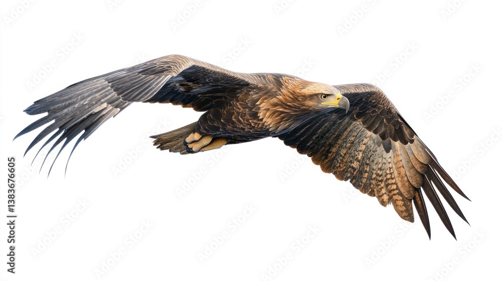 Obraz premium Eagle Soaring Mid-flight with Wings Spread on Clean White Background