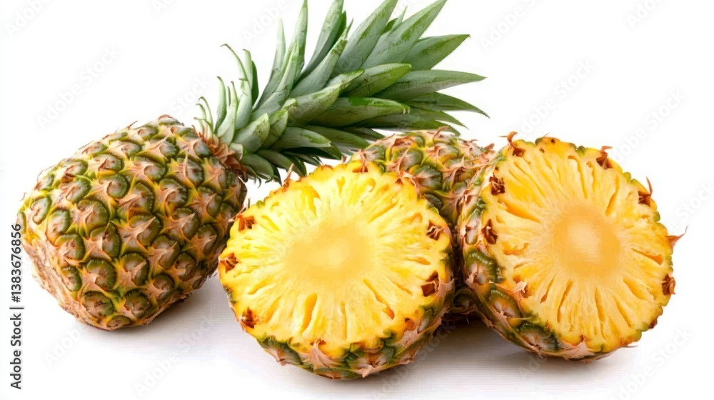 Pineapple Fruit Cut and Whole Showing Juicy Pulp on White Background Pineapple Fruit Cut and Whole Showing Juicy Pulp on White Background
