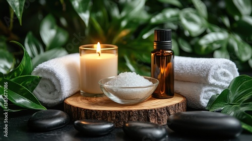 Relaxing Spa Setup with Candle, Essential Oil, and Stones for Wellness