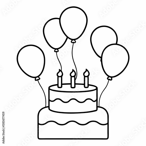 Birthday Cake and Balloons Outline Coloring Book Page