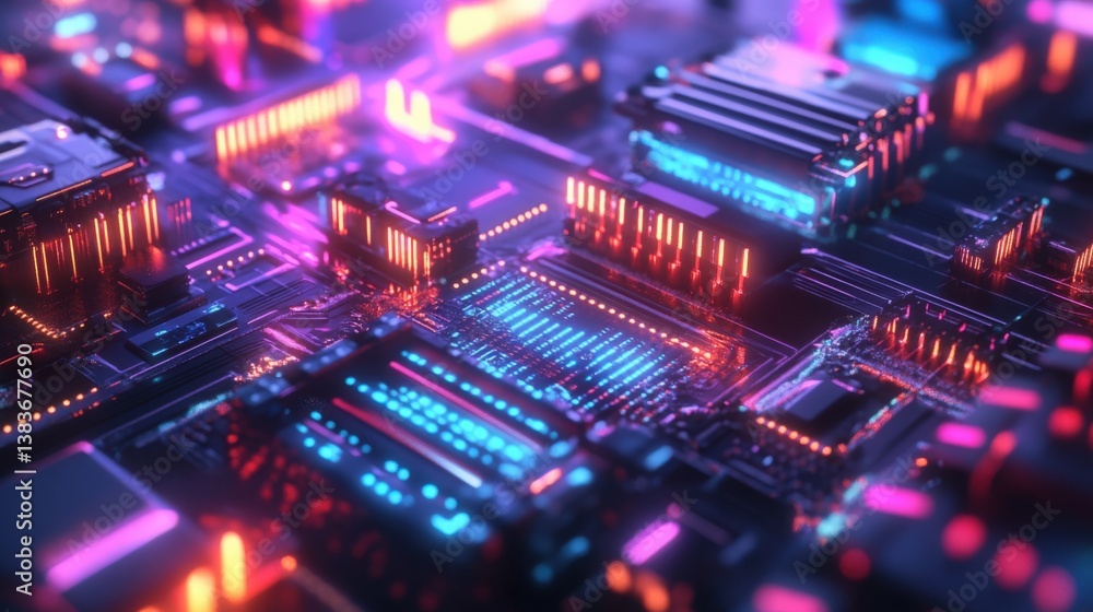 Intricate circuit board with glowing neon lights, representing advanced technology and connectivity. Ideal for tech blogs, futuristic designs, and digital innovation projects. Intricate circuit board with glowing neon lights, representing advanced technology and connectivity. Ideal for tech blogs, futuristic designs, and digital innovation projects.