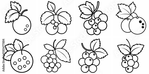Blackcurrant Outline Coloring Book Page Line Art Drawing Set White Background
