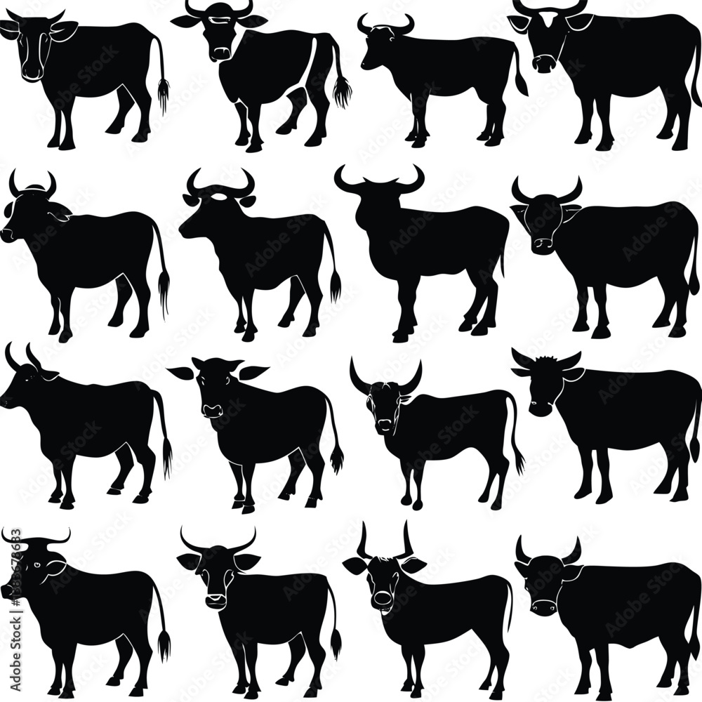 Black Cow silhouette vector icon set isolated on white background. Black Cow silhouette vector icon set isolated on white background.