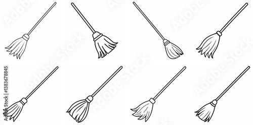 Broom Outline Coloring Book Page Line Art Drawing Set White Background