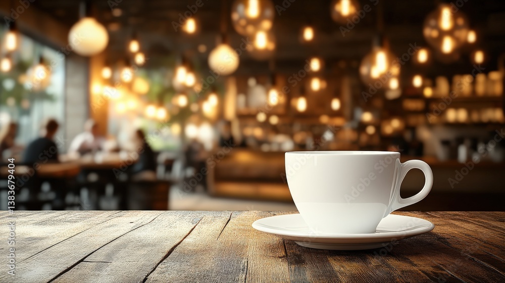 Cozy Coffee Shop Setting with White Cup and Saucer on Wooden Table Cozy Coffee Shop Setting with White Cup and Saucer on Wooden Table