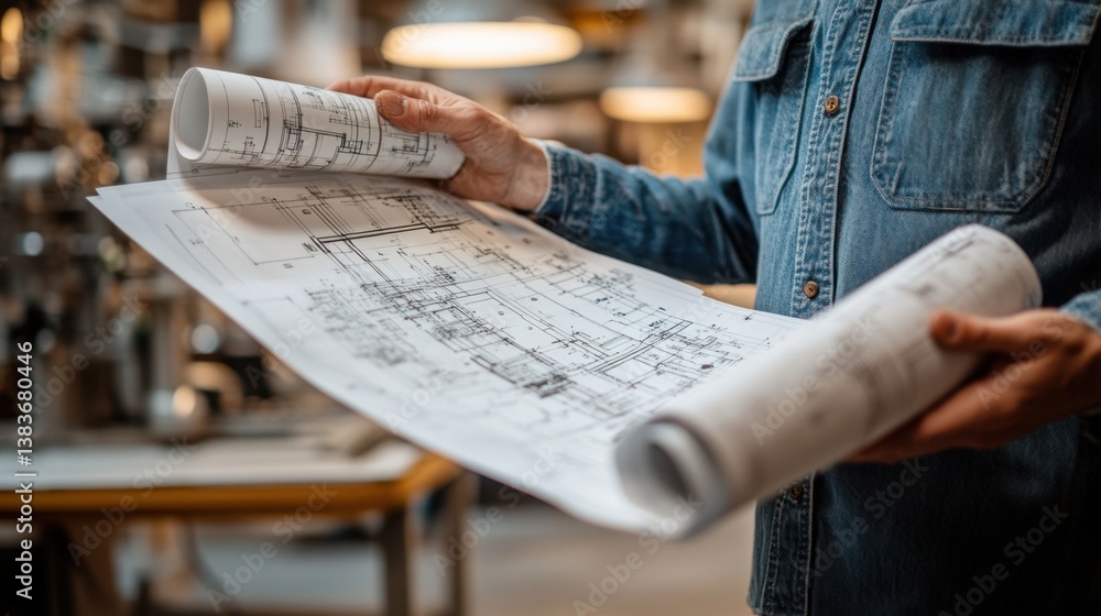 Naklejka premium Architect Examining Blueprints in a Busy Industrial Workshop Setting