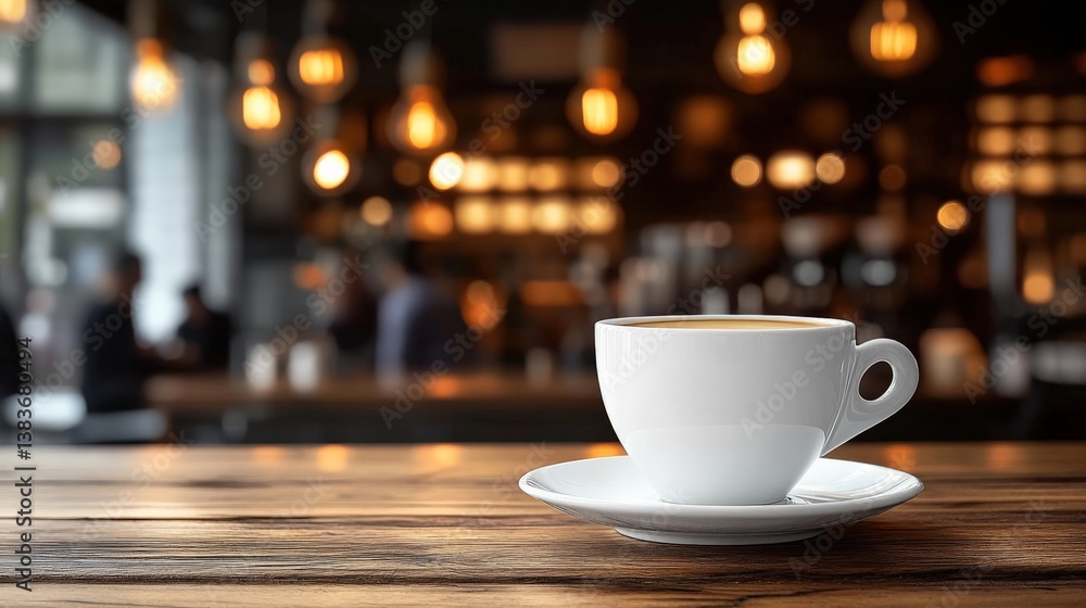 Close-up of a White Coffee Cup on Wooden Table in Cozy Cafe Environment Close-up of a White Coffee Cup on Wooden Table in Cozy Cafe Environment