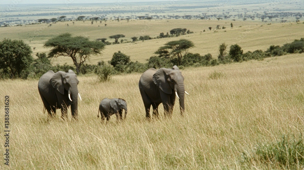 Elephant Family Walking Through Tall Grass on African Savannah Plains Elephant Family Walking Through Tall Grass on African Savannah Plains