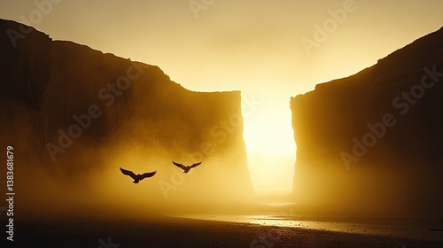 Birds flying towards light on sandy beach between cliffs at sunset
