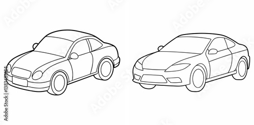 Car Outline Coloring Book Page Line Art Drawing Set White Background