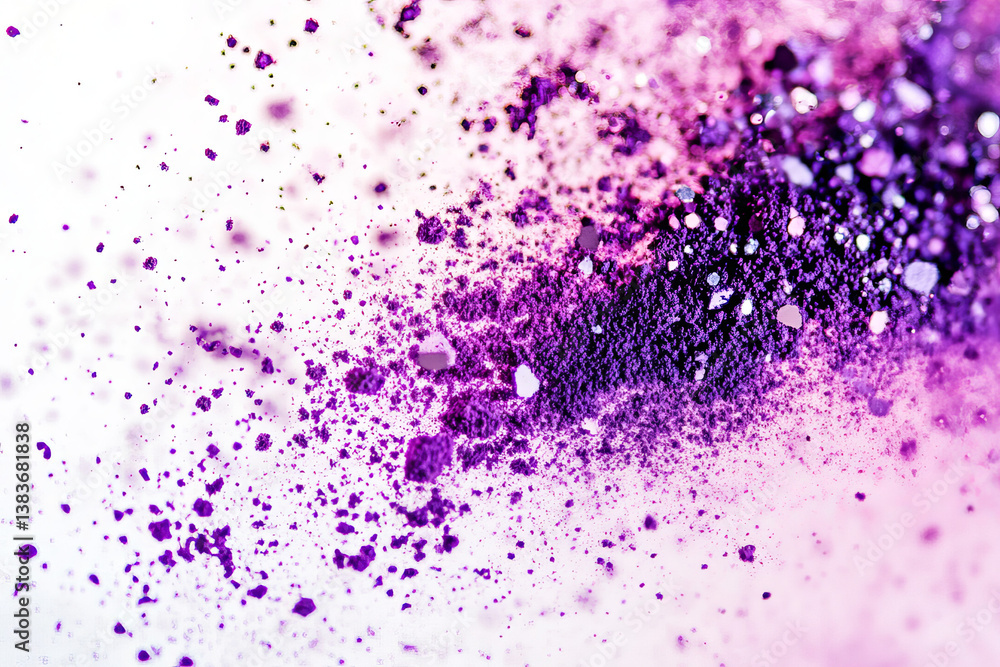 Fototapeta premium A macro photograph of vibrant purple powder with scattered particles in high detail against a clean white background for a luxurious beauty-inspired aesthetic