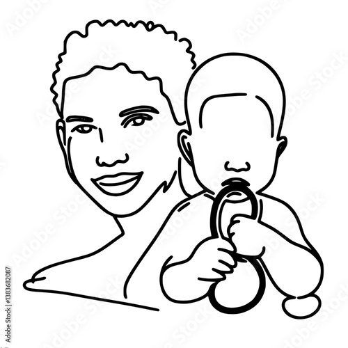 Mother smiling with baby holding a toy in a minimalist design, single line vector    