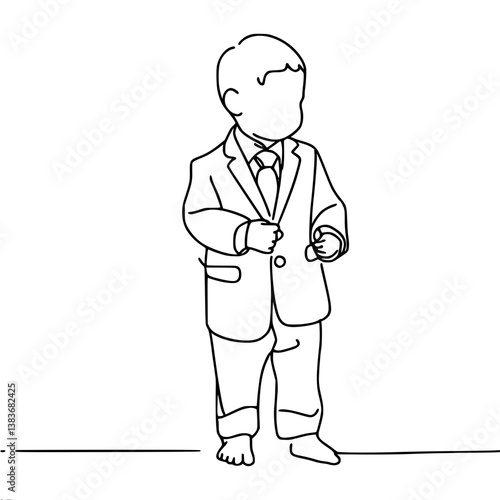 Line Art of a Young Boy in a Suit Standing with Hands Raised , single line vector 