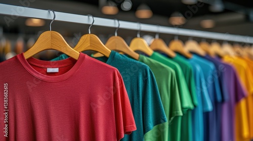 Vibrant Range of Colorful T-Shirts Hanging in Modern Retail Display