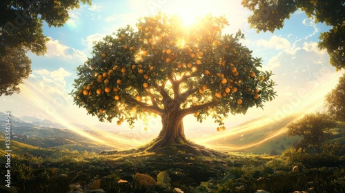 Abundant orange tree sunrise, hilly landscape, nature, prosperity