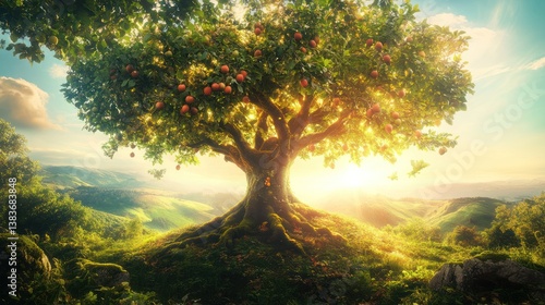 Wallpaper Mural Majestic apple tree sunrise, rolling hills, fantasy landscape, spiritual concept Torontodigital.ca